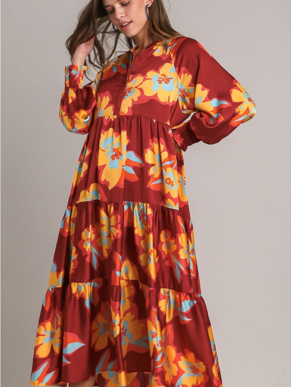 Umgee Rust Maxi Dress with Bold Yellow & Turquoise Floral Print - Picture 3 of 6